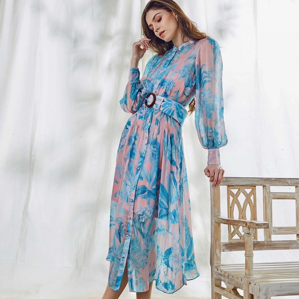 HEMANT & NANDITA MILLIM 825 DRESS PINK TURQUOISE SILK CHIFFON XS